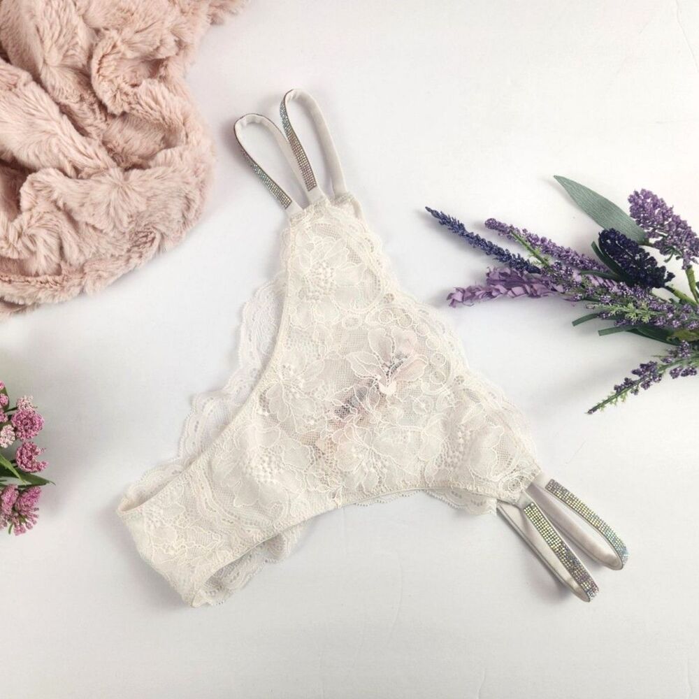 LARGE {Victoria's Secret} White Lace {Strappy} Rhinestones Brazilian Panty